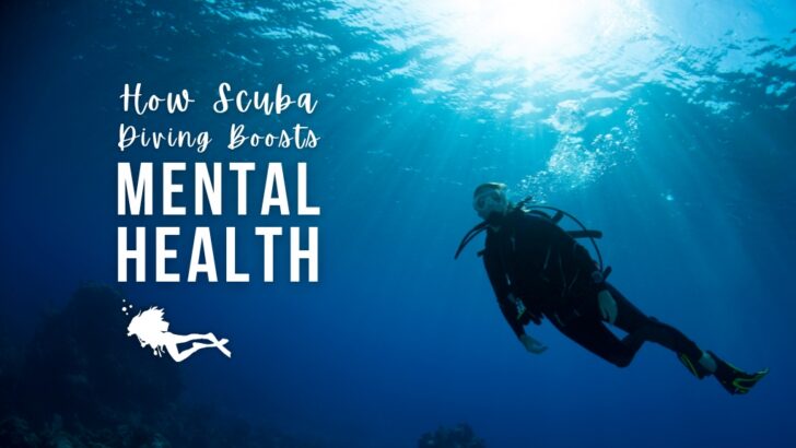 A woman scuba diver is silhouetted in blue water with the sun at the surface behind her. Overlaid white text reads "How Scuba Diving Boosts Mental Health"
