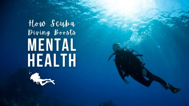 A woman scuba diver is silhouetted in blue water with the sun at the surface behind her. Overlaid white text reads "How Scuba Diving Boosts Mental Health"